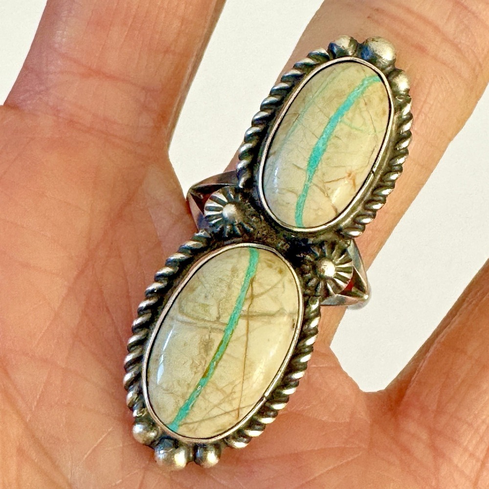 Navajo Ribbon Turquoise Ring 2 Stone Size 7 Signed R Shakey Long Sterling - Picture 1 of 7